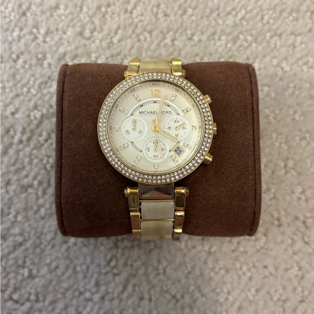 Michael Kors Gold Watch with Crystal Bezel and Leather Strap